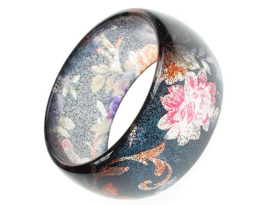 Ladies 3cm Wide Teal Blue Glitter Flower Chunky Plastic Bangle Bracelet