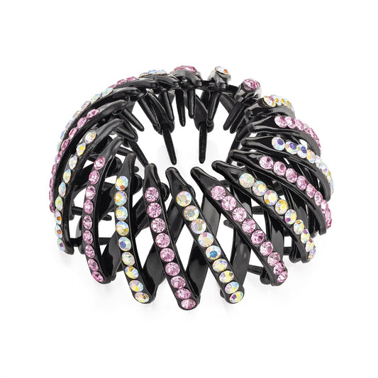 Pink Crystal Black Plastic Bun Holder Expandable Ponytail Holder Hair Clamp