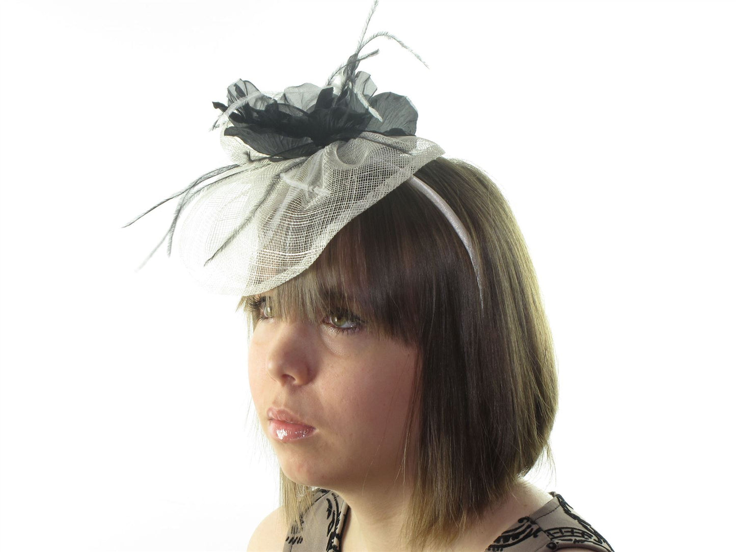 Ivory/Black Rose Feather Head Band Hair Band Hat Fascinator Weddings Races