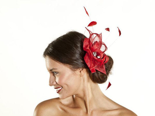 Red Sinamay Feather Crystal Fascinator Hair Comb Slide Hat Weddings Races