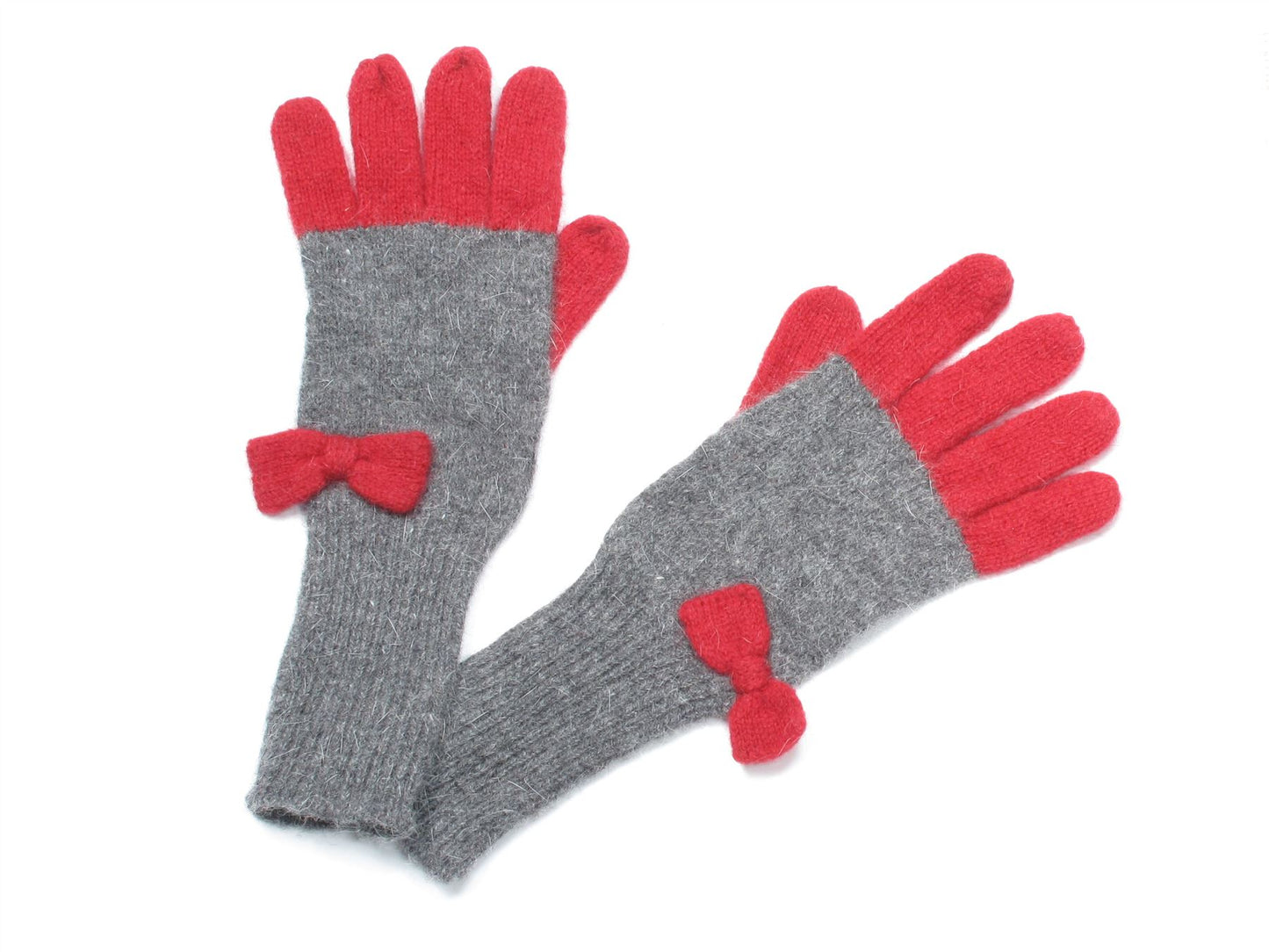 Ladies Womens Warm Winter Super Soft Knitted Grey Red Bow Gloves Long Cuff