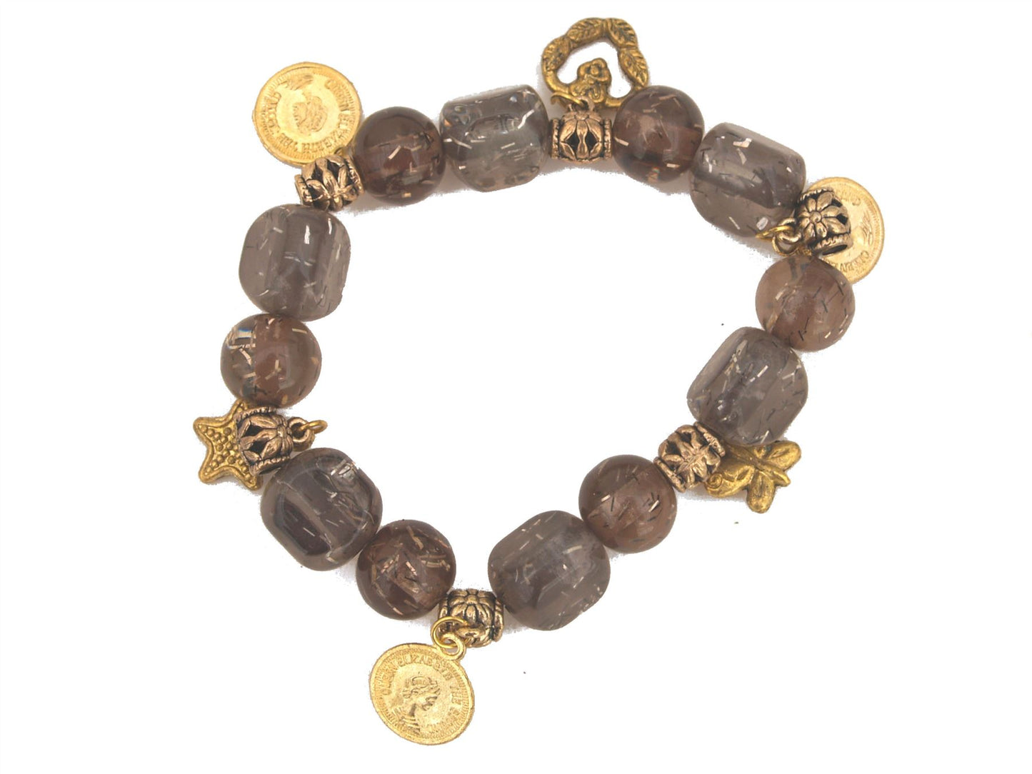 Smoky Grey Gold Coin Charm Bead Elasticated Stretch Bracelet Bangle