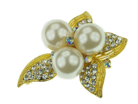 Gold Faux Pearl Crystal Diamante Flower Petal Brooch Pin Badge Broach