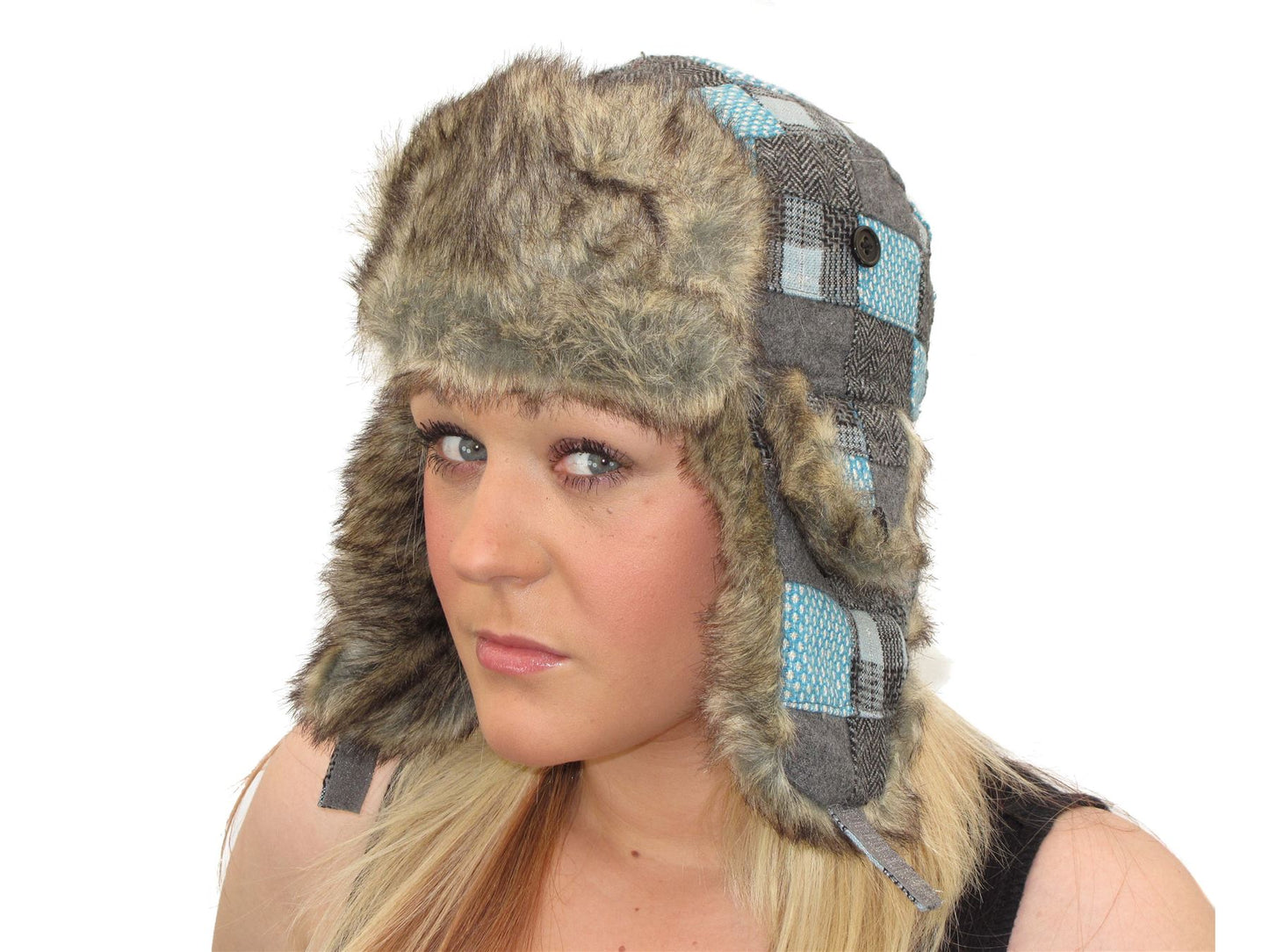 Womens Warm Blue Grey Patchwork Check Trapper Hat Ear Warmer Faux Fur
