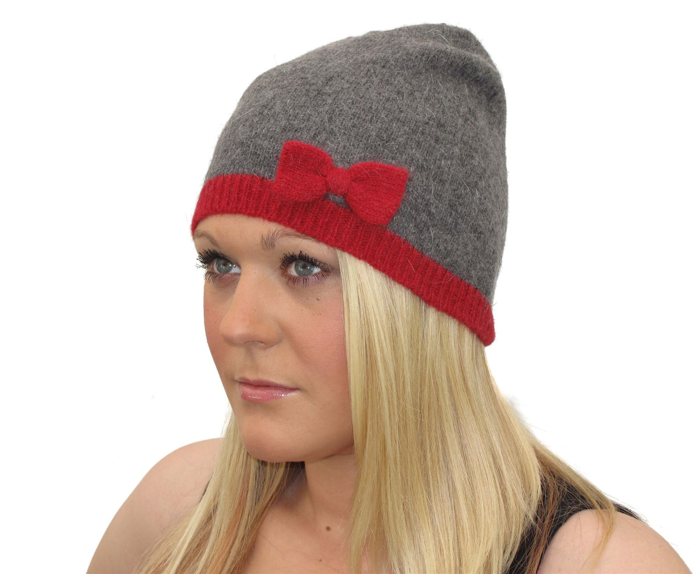 Ladies Womens Warm Winter Super Soft Knitted Grey Red Contrast Beanie Hat