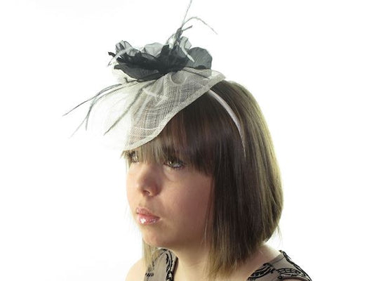 Ivory/Black Rose Feather Head Band Hair Band Hat Fascinator Weddings Races