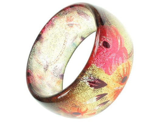 Ladies 3cm Wide Green Glitter Flower Chunky Plastic Bangle Bracelet