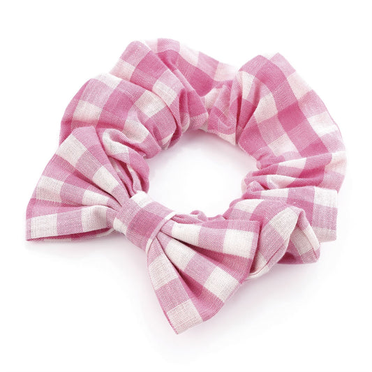 Girls Pink Gingham Check Bow School Hair Scrunchie Bobble Hair Elastic