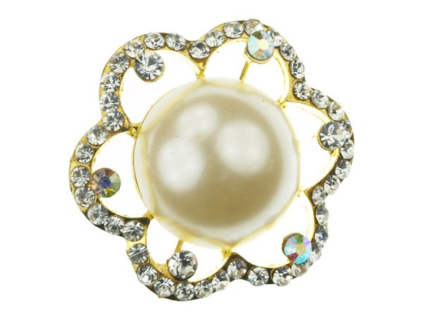 Gold Faux Pearl Crystal Diamante Flower Brooch Pin Badge Broach Wedding