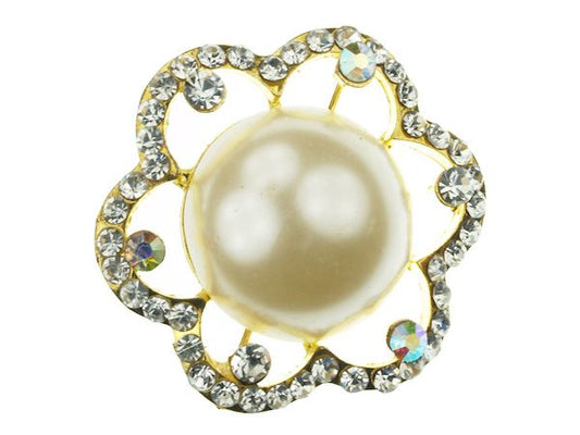 Gold Faux Pearl Crystal Diamante Flower Brooch Pin Badge Broach Wedding