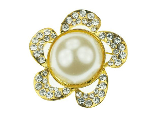 Gold Faux Pearl Crystal Diamante Floral Brooch Pin Badge Broach Wedding