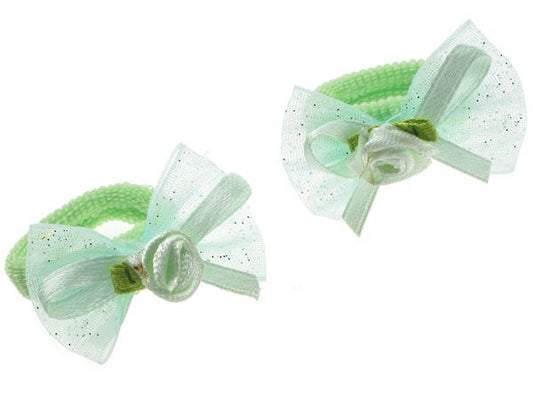 Girls Pale Green Rosebud Bow Ponios Elastics Hair Bands