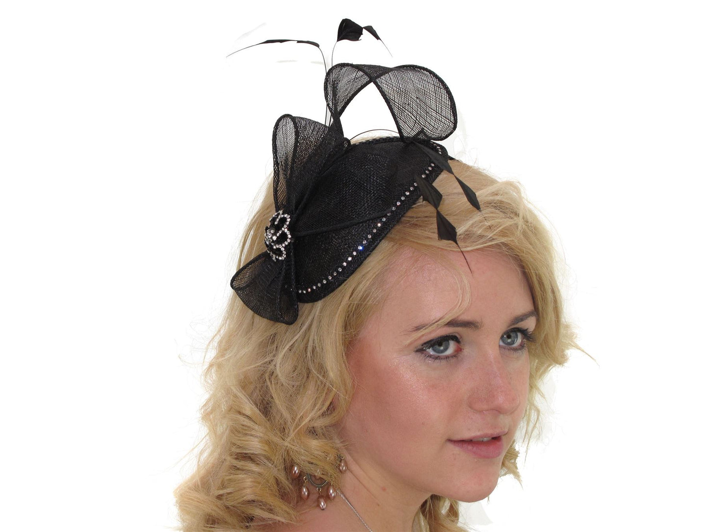 Black Crystal Feather Skull Cap Head Band Hair Band Hat Fascinator Races
