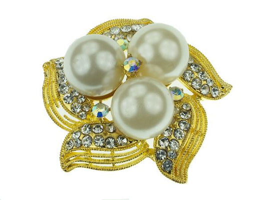 Gold Triple Faux Pearl Crystal Diamante Leaf Brooch Pin Badge Broach