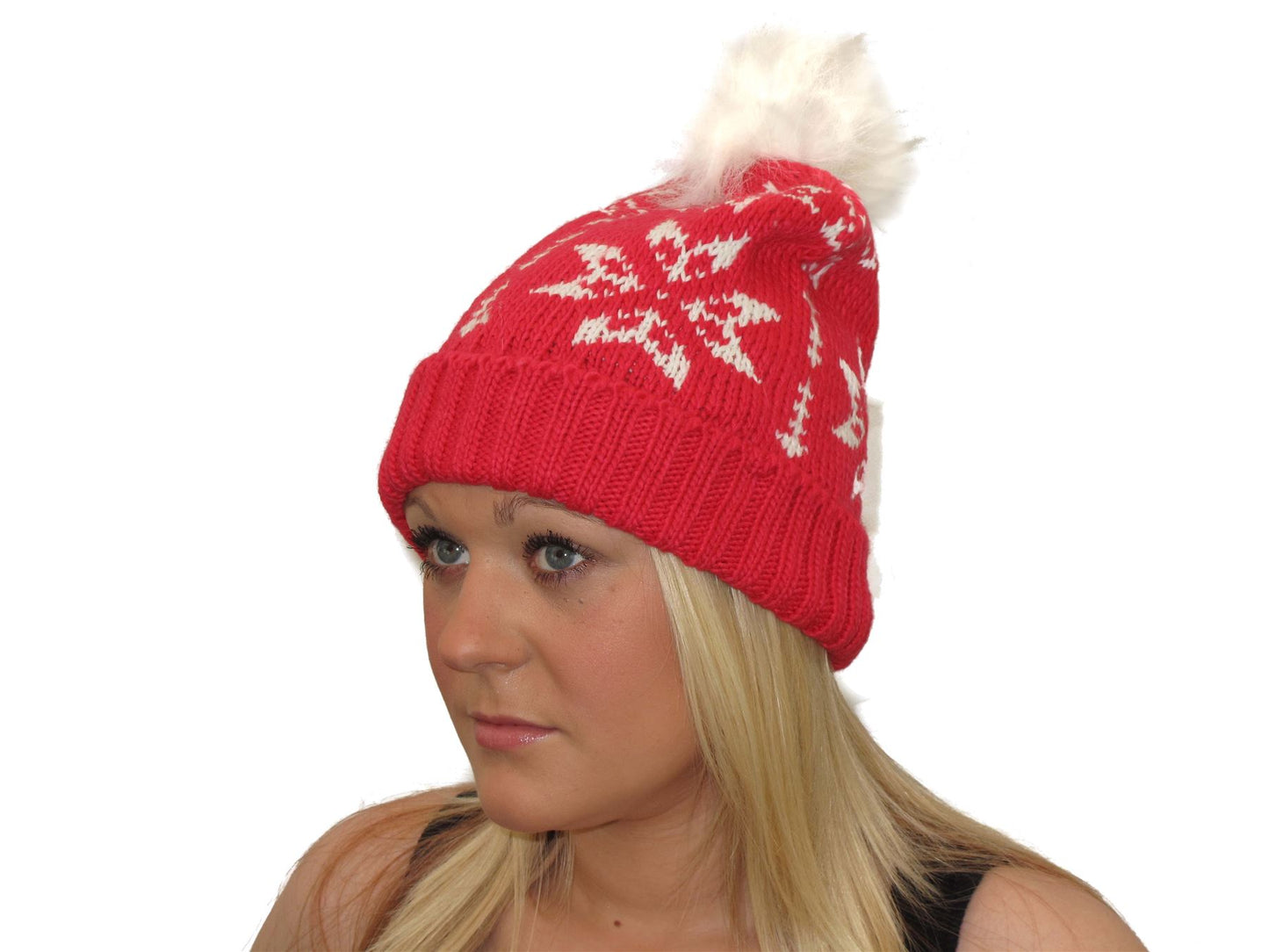 Ladies Womens Warm Thick Knitted Cherry Pink Snowflake Beanie Bobble Hat