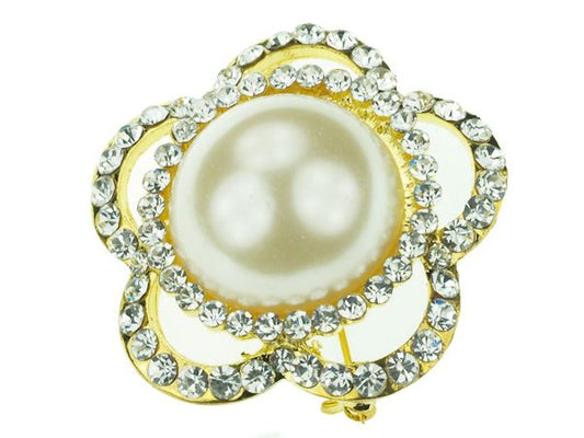 Gold Faux Pearl Crystal Diamante Floral Flower Brooch Pin Badge Broach