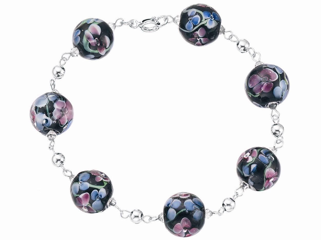 Black Glass Flower Bead Bracelet