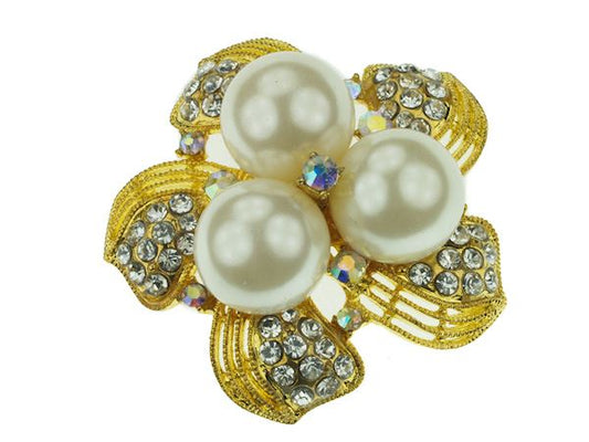 Gold Triple Faux Pearl Crystal Diamante Flower Brooch Pin Badge Broach