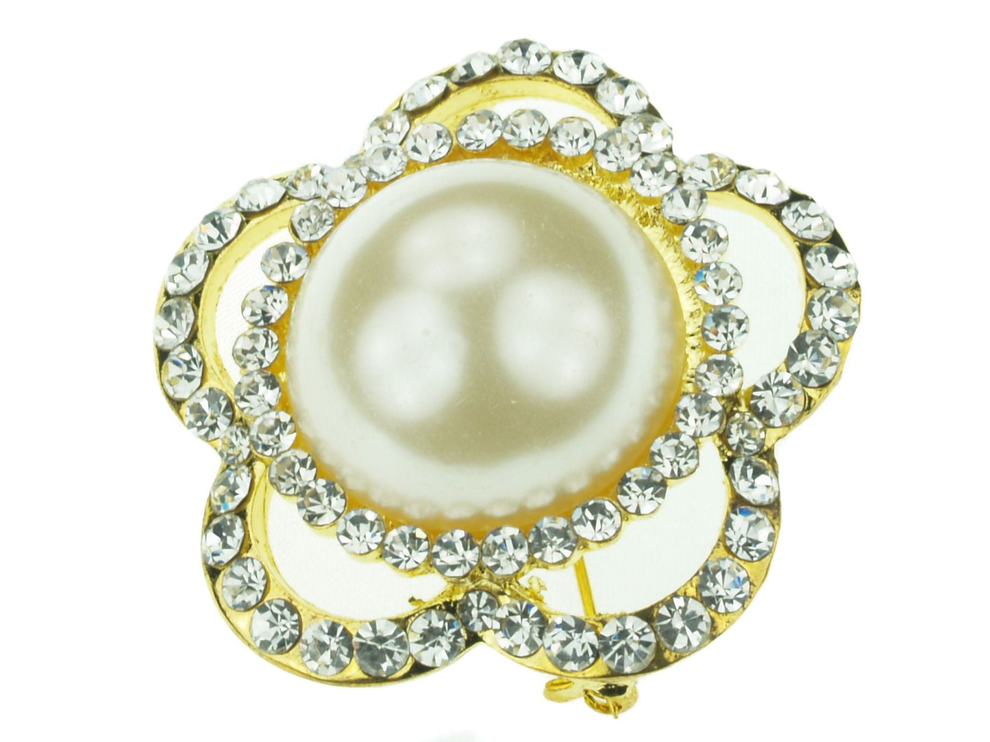 Gold Faux Pearl Crystal Diamante Floral Flower Brooch Pin Badge Broach