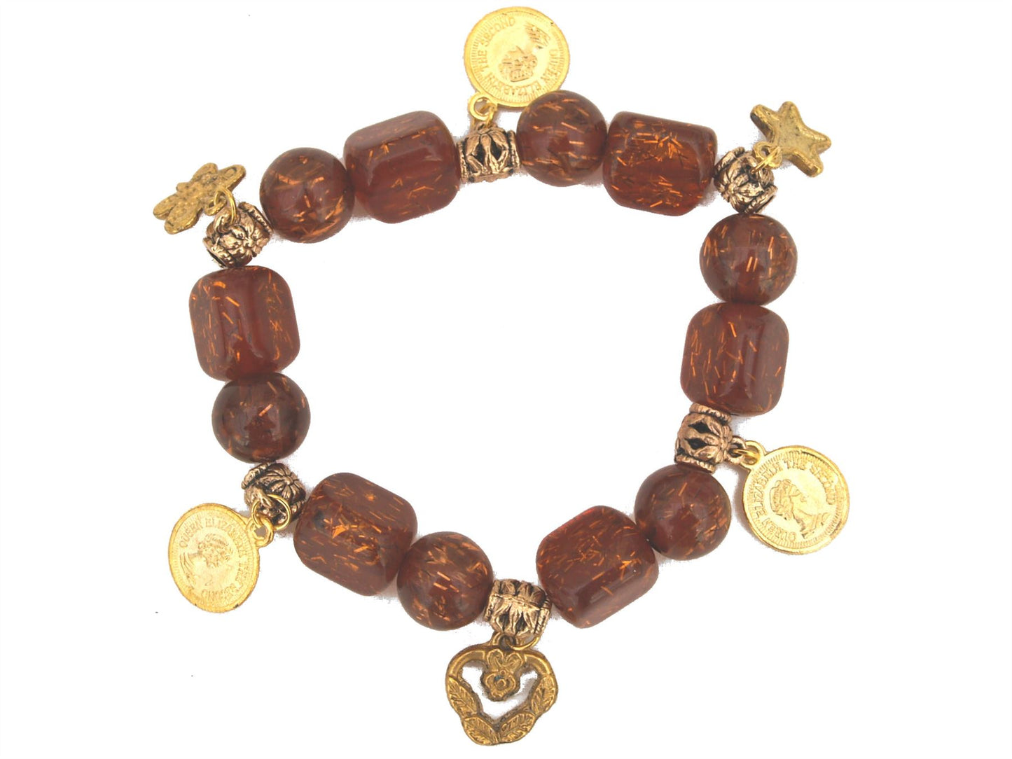 Brown Amber Gold Coin Charm Bead Elasticated Stretch Bracelet Bangle
