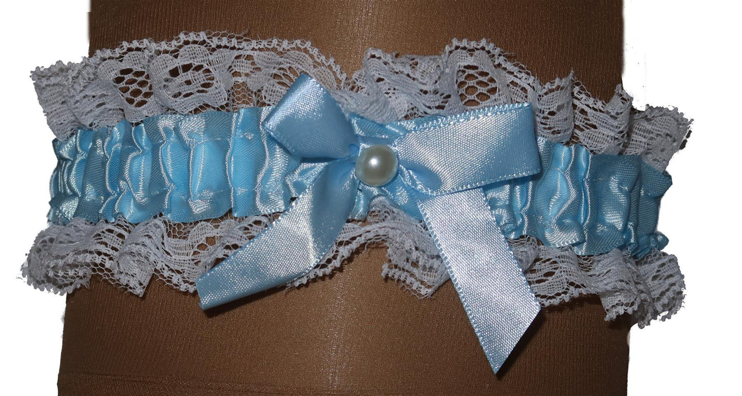 Ladies Pale Blue Ribbon Pearl Bead Garter For Wedding Bridal Bridesmaid