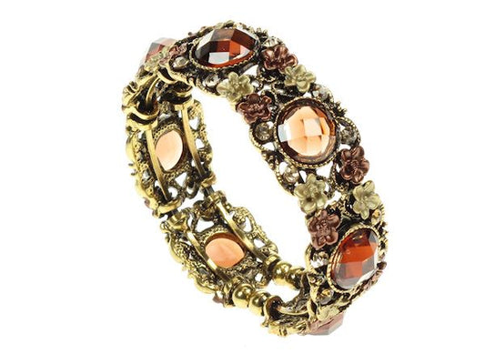 Ladies 2cm Wide Vintage Gold Brown Bronze Bead Flower Cuff Bracelet Bangle