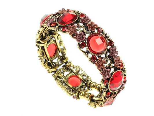 Ladies 2cm Wide Vintage Gold Red Bead Flower Cuff Bracelet Bangle