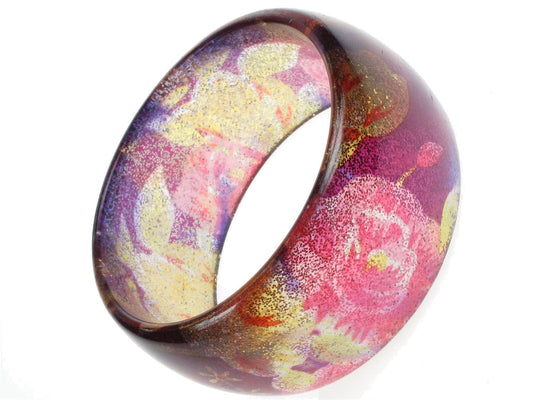 Ladies 3cm Wide Purple Glitter Flower Chunky Plastic Bangle Bracelet