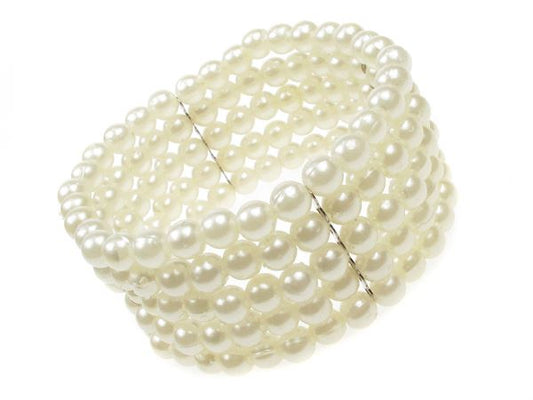 Ladies 3cm Wide 5 Row Faux Pearl Elasticated Stretch Bracelet Bangle