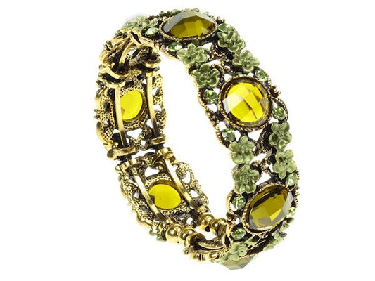 Ladies 2cm Wide Vintage Gold Green Bead Flower Cuff Bracelet Bangle