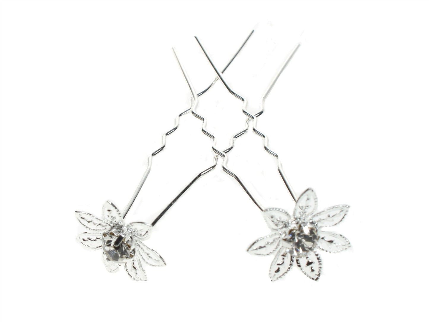 Pair of Silver Flower Crystal Waved Hair Pins Grips Bridal Wedding Prom