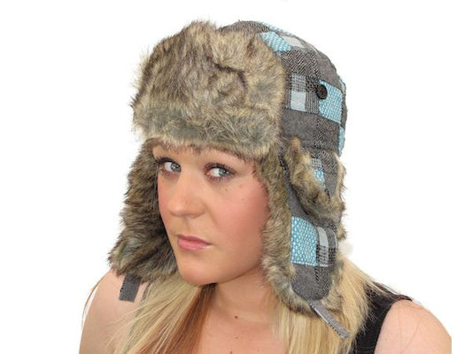 Womens Warm Blue Grey Patchwork Check Trapper Hat Ear Warmer Faux Fur