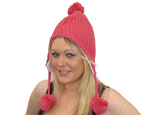 Ladies Womens Warm Chunky Knit Pink Trapper Hat Ear Warmer Fleece Lining