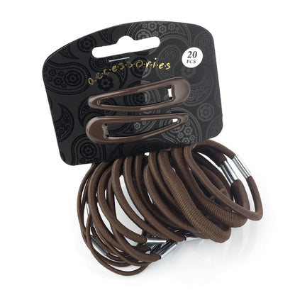 20 Piece Brown Hair Elastic Band Bobble Snap Hair Clip Slide Girls School