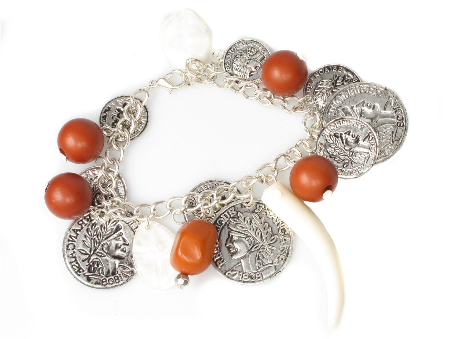 Coin Charm Tooth Shape Bead Elasticated Stretch Victorian Style Bracelet