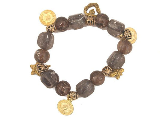Smoky Grey Gold Coin Charm Bead Elasticated Stretch Bracelet Bangle