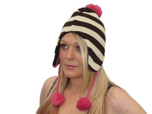 Ladies Women Warm Knitted Brown Pink Trapper Hat Ear Warmer Fleece Lining