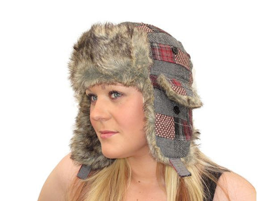 Womens Warm Pink Grey Patchwork Check Trapper Hat Ear Warmer Faux Fur