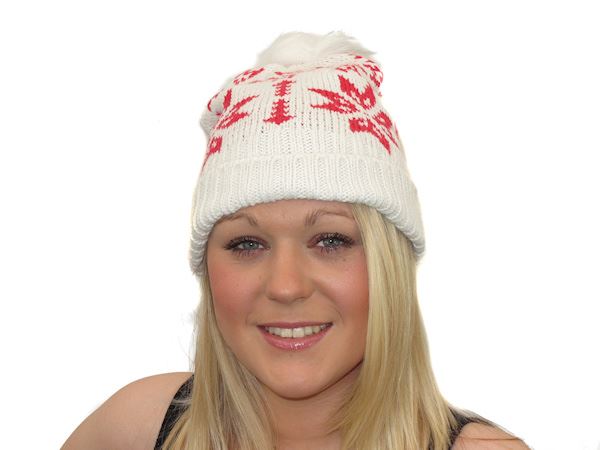 Ladies Womens Warm Thick Knitted Winter White Snowflake Beanie Bobble Hat