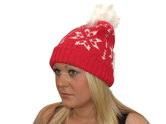 Ladies Womens Warm Thick Knitted Cherry Pink Snowflake Beanie Bobble Hat