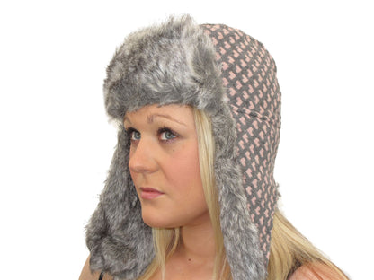 Ladies Womens Warm Winter Grey Pink Heart Trapper Hat Ear Warmer Faux Fur