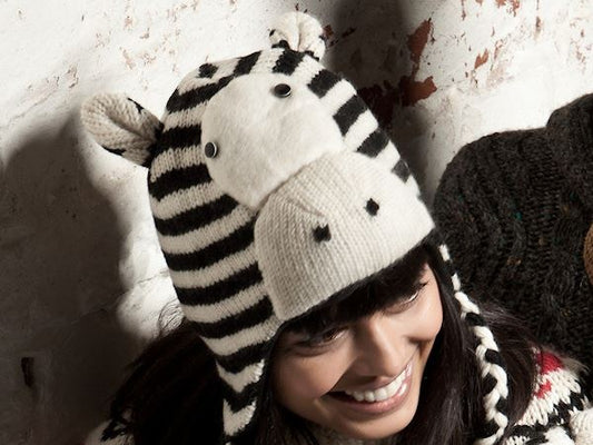 Ladies Womens Warm Fun Zebra Animal Shape Trapper Hat With Fleece Lining