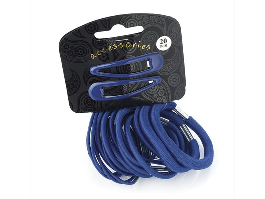 20 Piece Blue Hair Elastic Band Bobble Snap Hair Clip Slide School Set