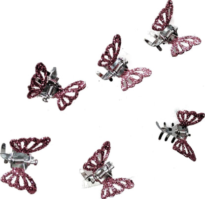 6 Small Mini Tiny Metal Pink Glitter Butterfly Hair Claws Clips Clamps