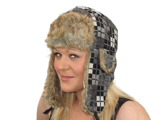Ladies Womens Warm Winter Black Grey Check Trapper Hat Ear Warmer Faux Fur