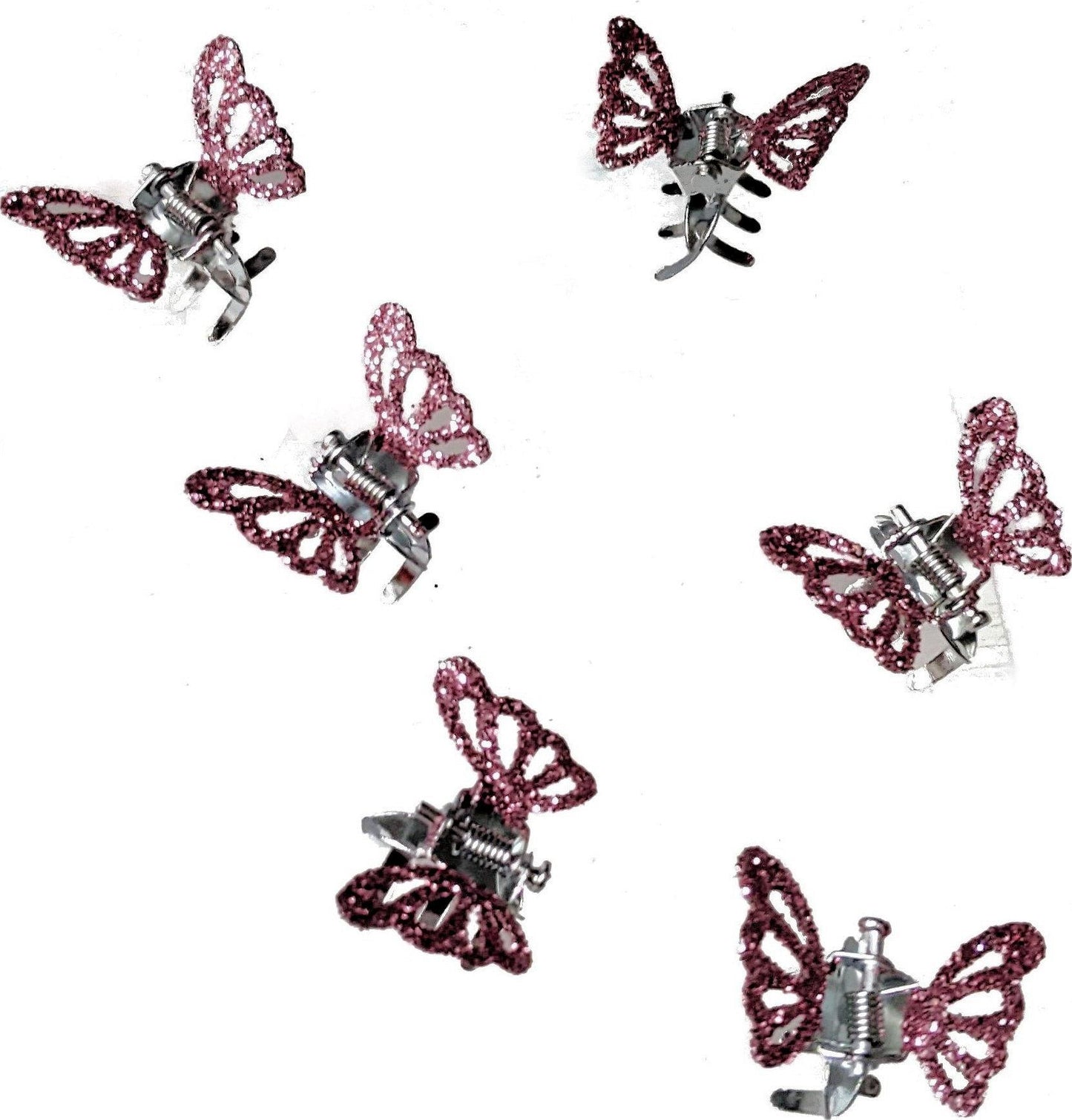 6 Small Mini Tiny Metal Pink Glitter Butterfly Hair Claws Clips Clamps