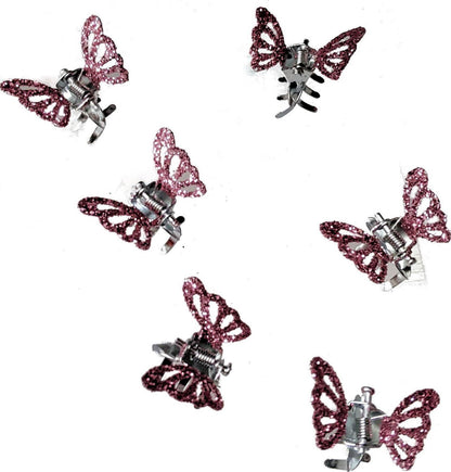 6 Small Mini Tiny Metal Pink Glitter Butterfly Hair Claws Clips Clamps
