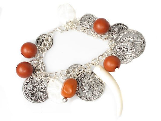 Coin Charm Tooth Shape Bead Elasticated Stretch Victorian Style Bracelet