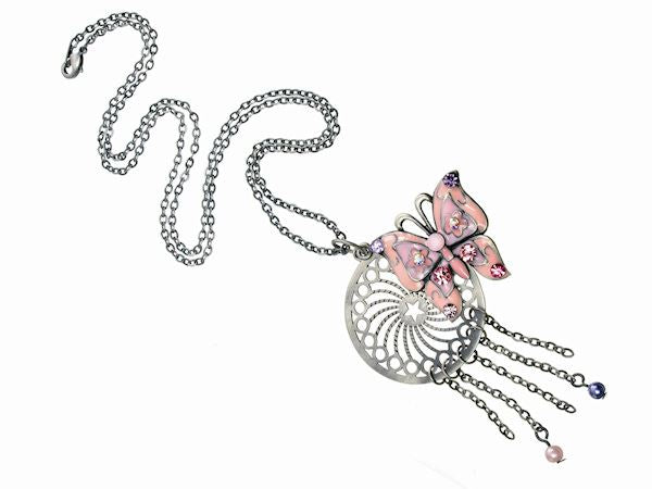Crystal Pink Butterfly Charm Pendant Necklace Jewellery Ladies Women