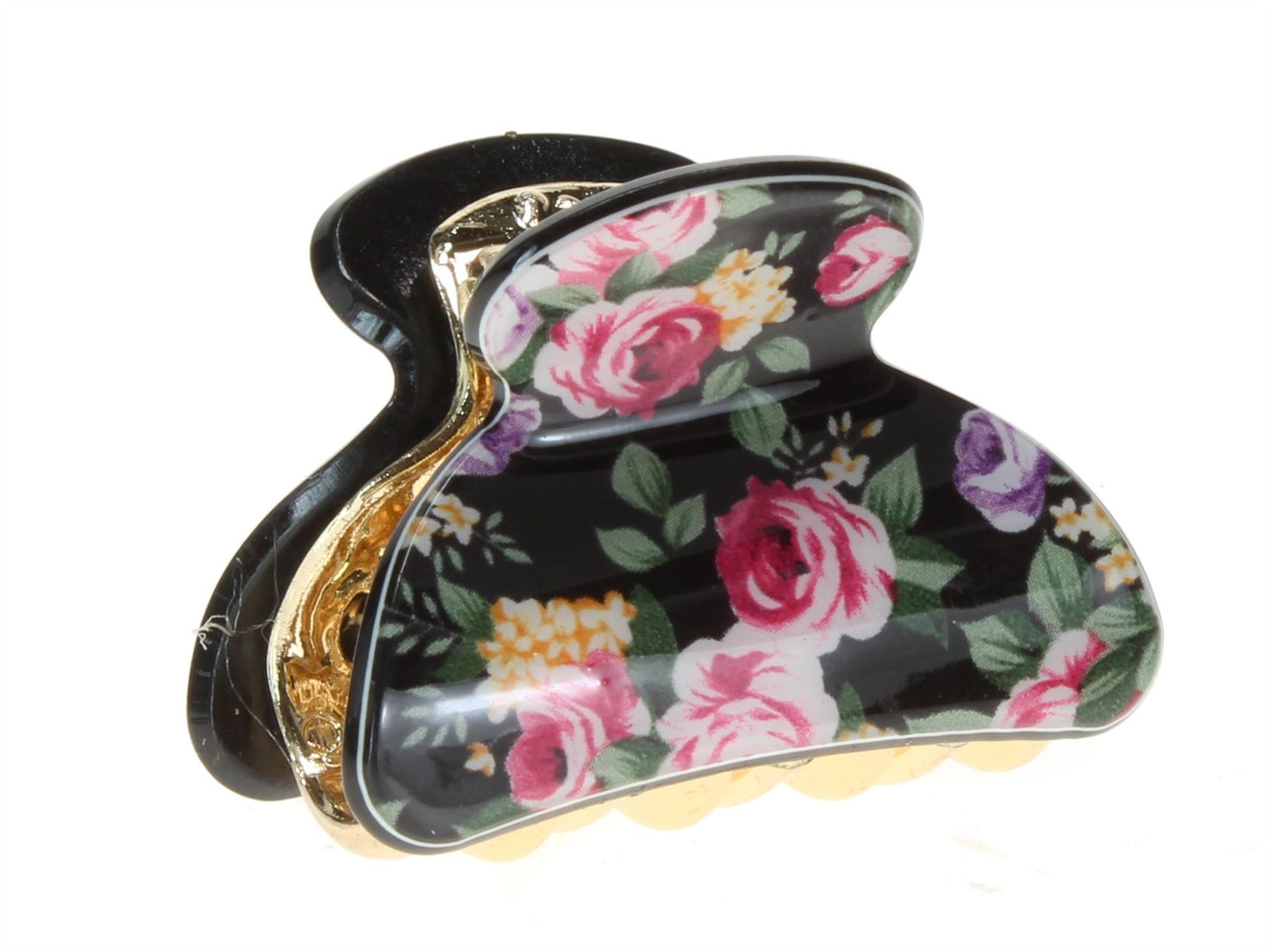 4cm Small Black Ditsy Rose Acrylic Plastic Hair Claw Clamp Bulldog Clip